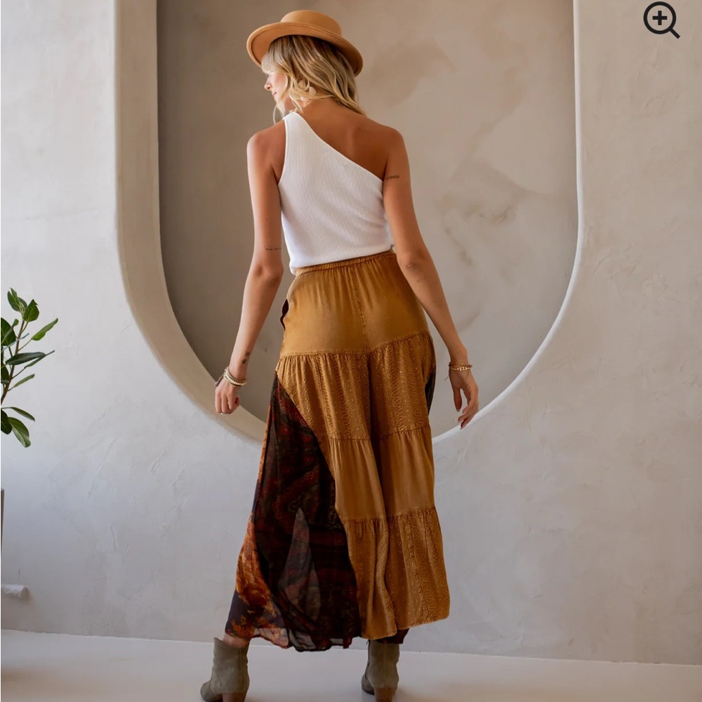 Young Threads Rustic Bohemian Side Paneled Patchwork Wide Leg Pants In Camel L - Picture 4 of 9